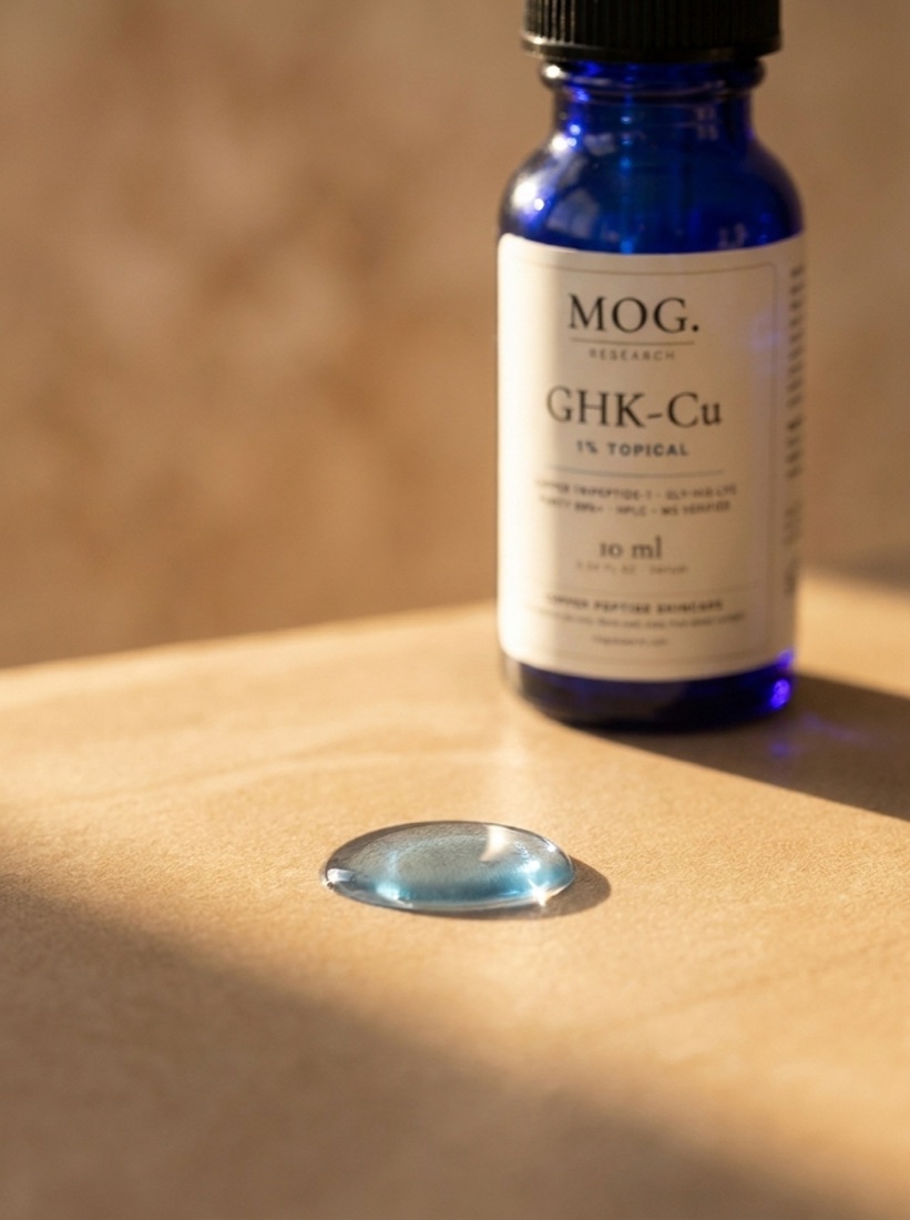 A single blue droplet of MOG Glow Peptide Serum resting on a smooth stone